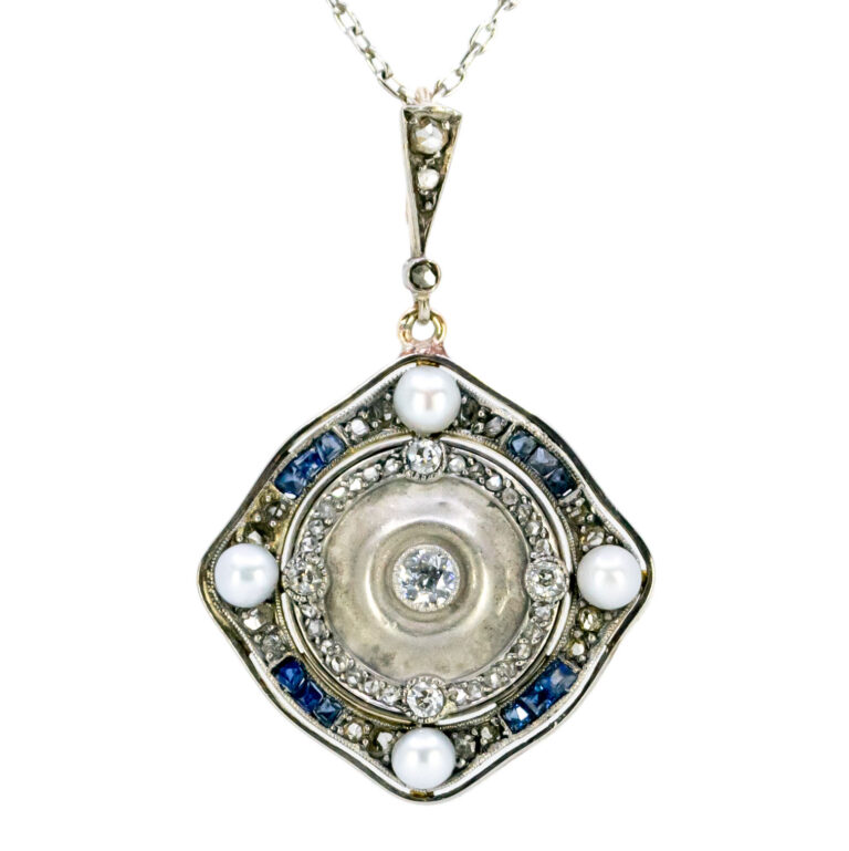 Diamond Pearl Sapphire 18k Platinum Deco Pendant 12356-2357 Image1