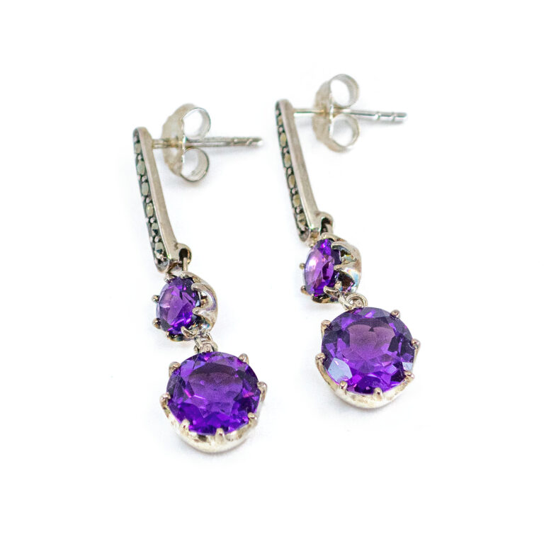 Amethyst Marcasite (Pyrite) Silver Drop Earrings 14162-1497 Image2