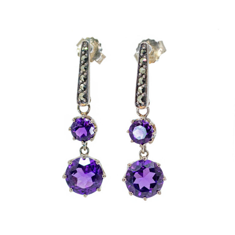 Amethyst Marcasite (Pyrite) Silver Drop Earrings 14162-1497 Image1