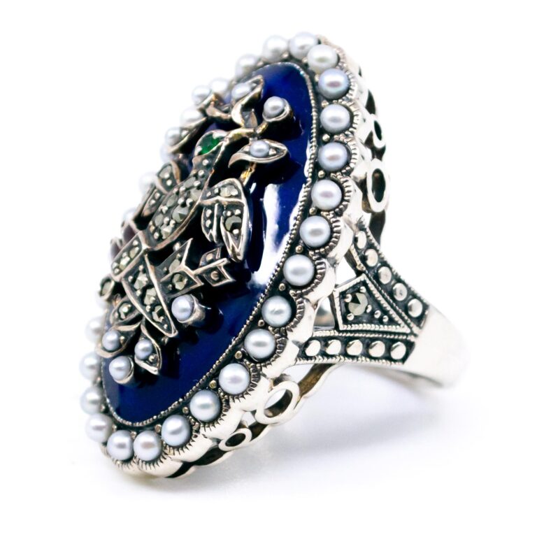 Emerald Enamel Marcasite (Pyrite) Pearl Silver Figural Ring 14182-1517 Image2