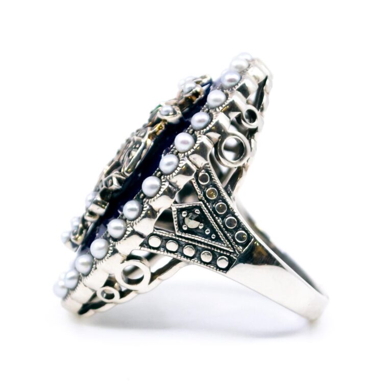 Emerald Enamel Marcasite (Pyrite) Pearl Silver Figural Ring 14182-1517 Image3