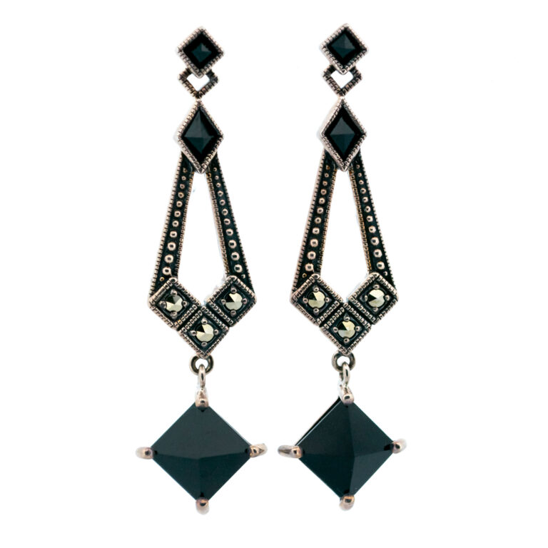 Onyx Marcasite (Pyrite) Silver Drop Earrings 14685-1769 Image1