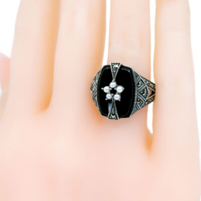 Onyx Pearl Marcasite (Pyrite) Silver Ring 14728-1810 Image2