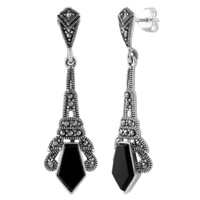 Marcasite (Pyrite) Onyx Silver Drop Earrings 14771-1849 Image1