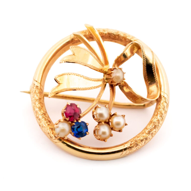 Garnet Iolite (Water Sapphire) Pearl 14k Ribon Brooch 14925-8425 Image1