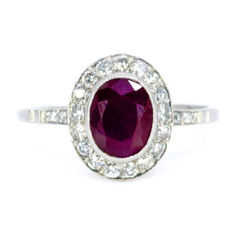 Ruby Diamond Platinum Halo Ring 7429-1945 - Binenbaum Antiques & Jewelry