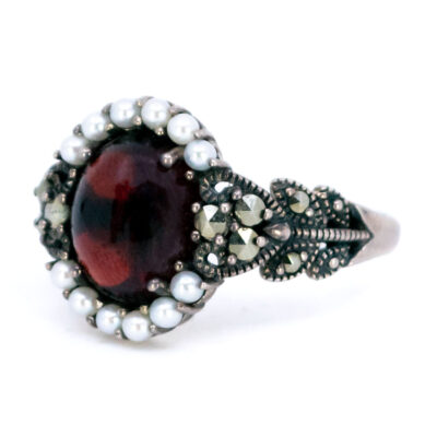 Garnet Marcasite (Pyrite) Pearl Silver Ring 9670-6411 Image2