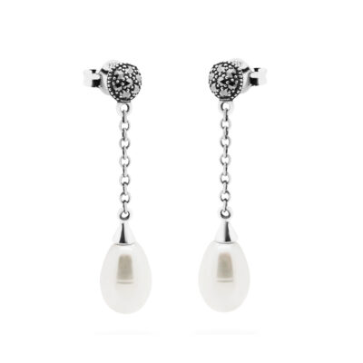 Marcasite (Pyrite) Pearl Silver Drop Earrings 14857-1932 Image2