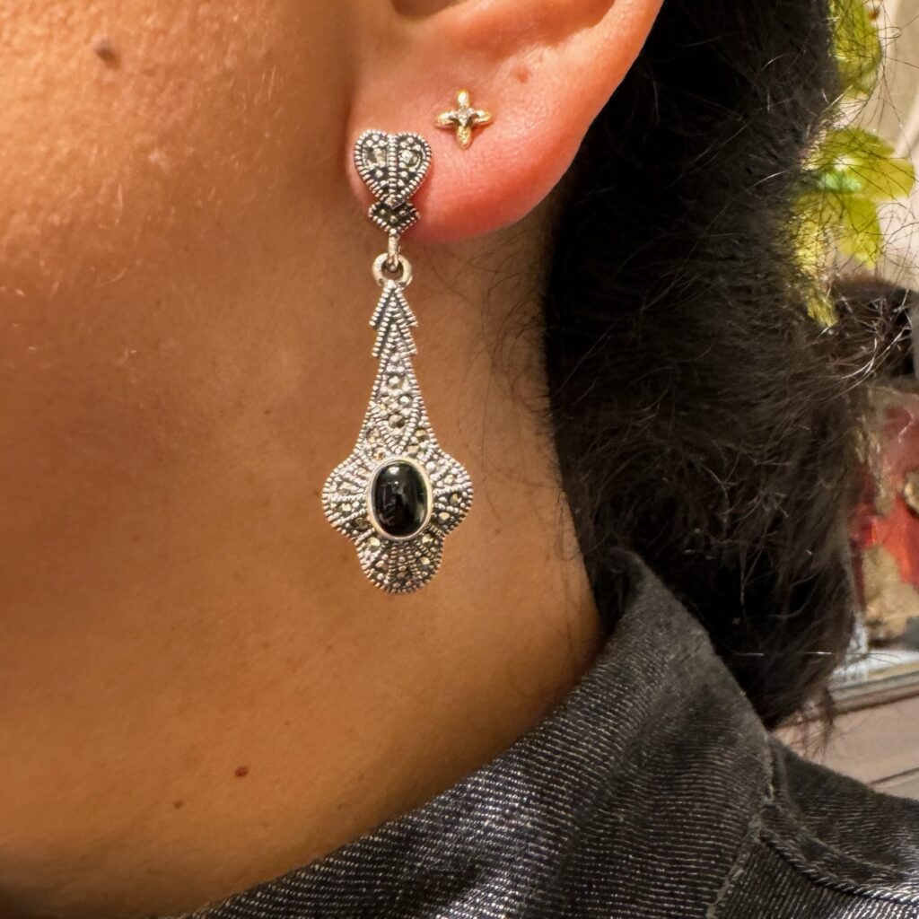 Marcasite (Pyrite) Onyx Silver Drop Earrings 14769-1847 Image2