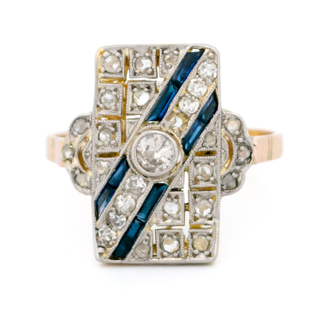 Diamond Verneuil Sapphire 14k Rectangle-Shape Art-Deco Ring 15906-2466 Image1