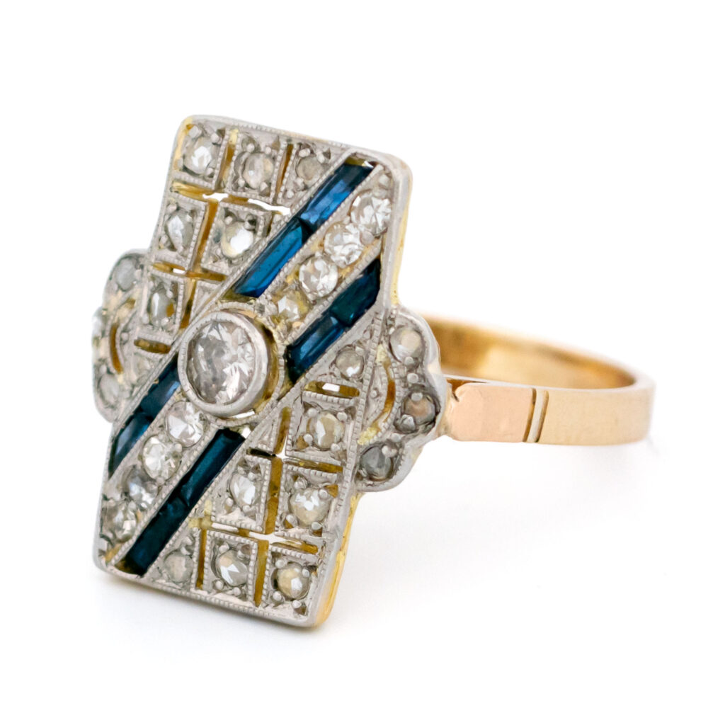 Diamond Verneuil Sapphire 14k Rectangle-Shape Art-Deco Ring 15906-2466 Image4