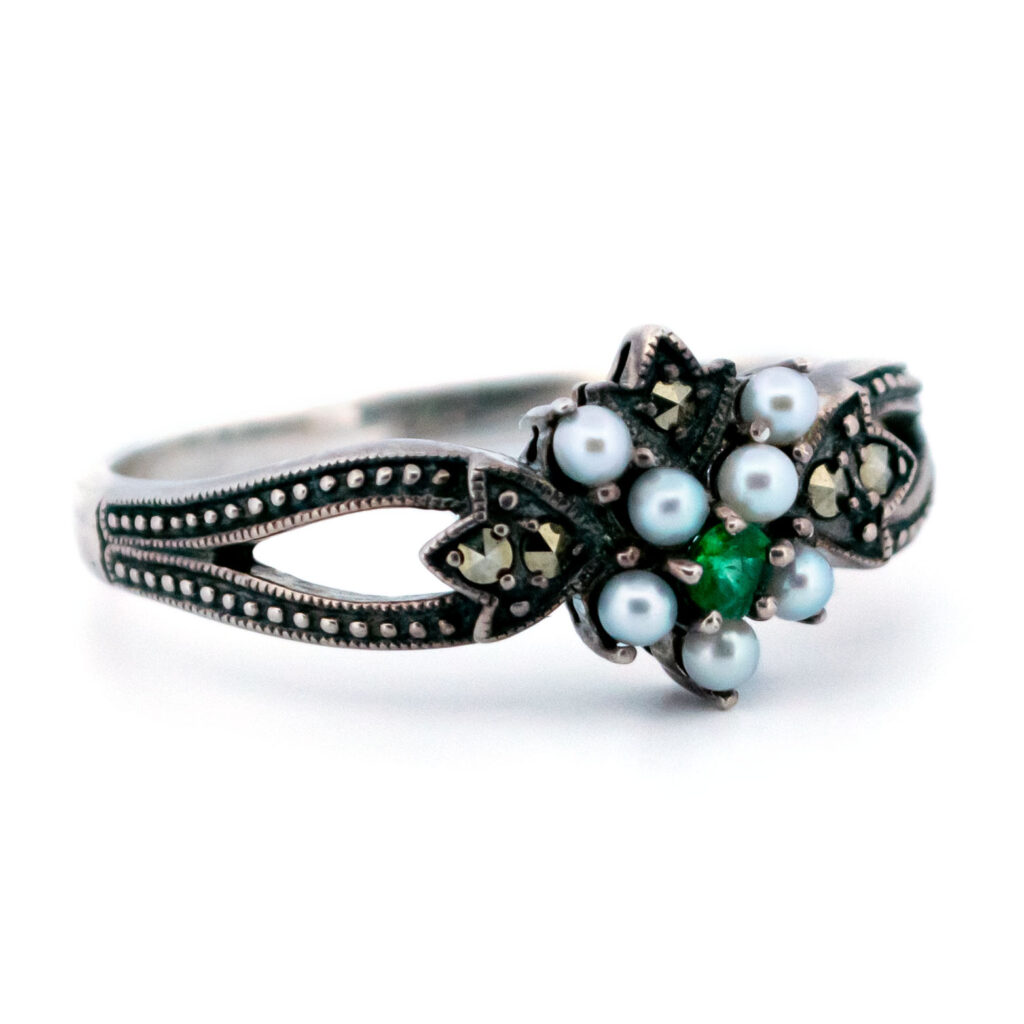 Emerald Marcasite (Pyrite) Pearl Silver Cluster Ring 16060-2400 Image2