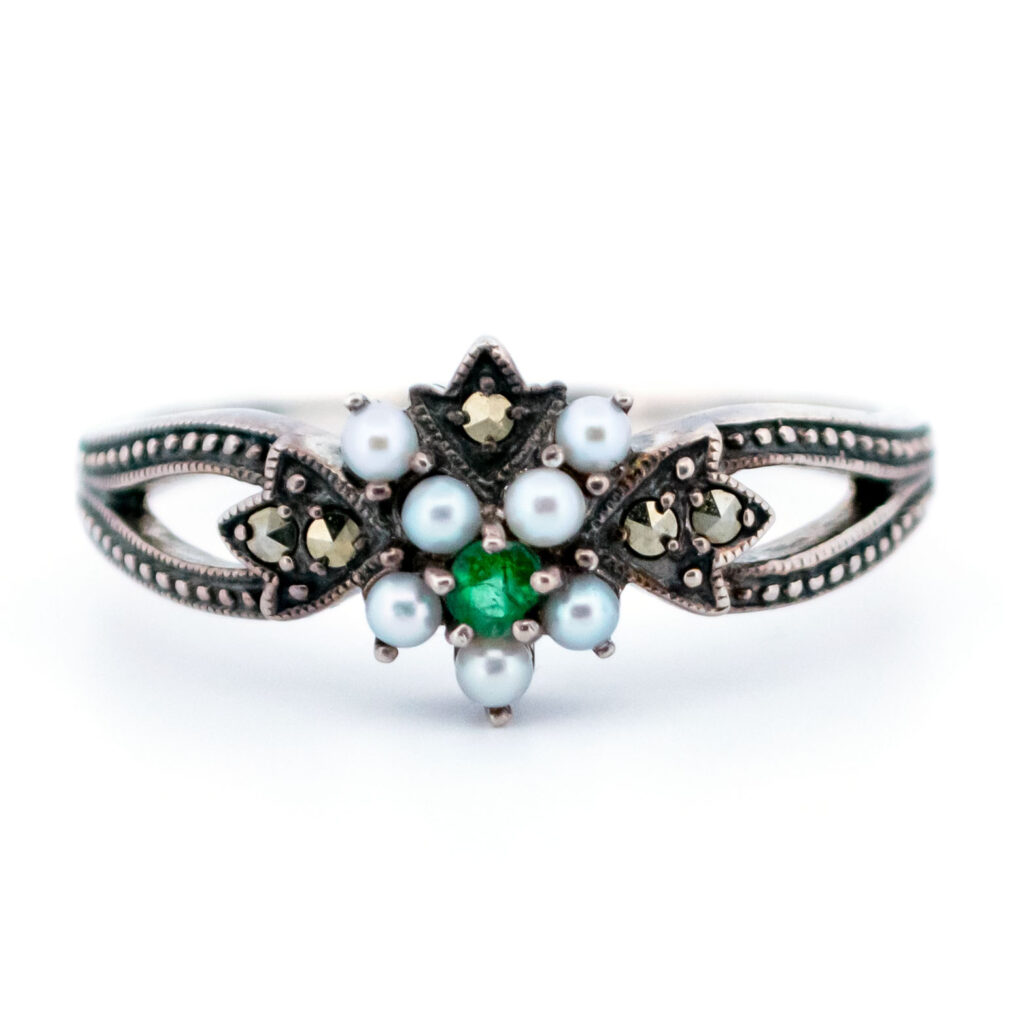 Emerald Marcasite (Pyrite) Pearl Silver Cluster Ring 16060-2400 Image1