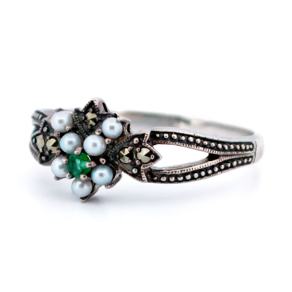Emerald Marcasite (Pyrite) Pearl Silver Cluster Ring 16060-2400 Image3