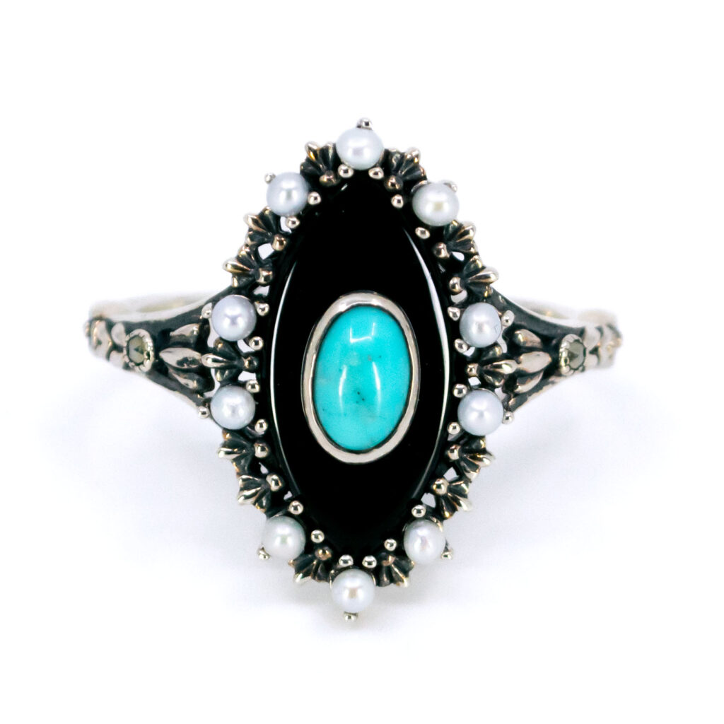 Onyx Pearl Turquoise Marcasite (Pyrite) Silver Ring 16062-2402 Image1