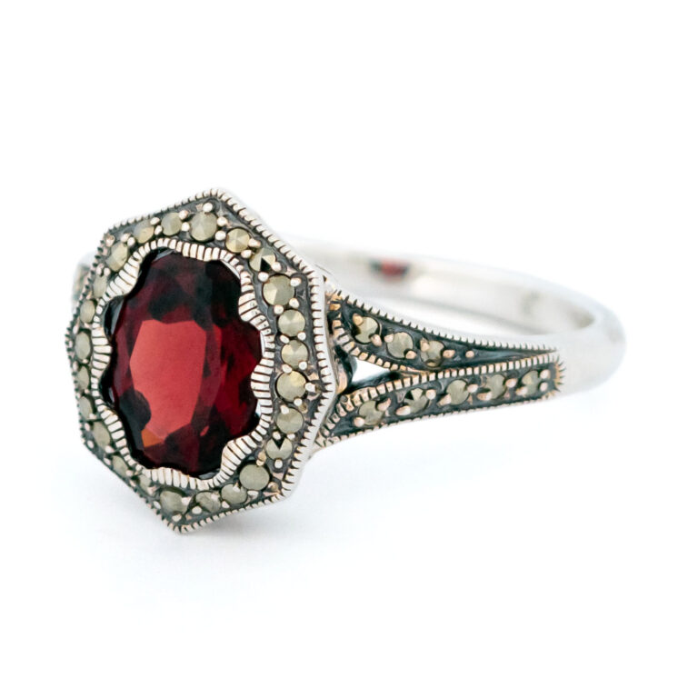 Garnet Marcasite (Pyrite) Silver Octagon-Shape Ring 16091-2431 Image2