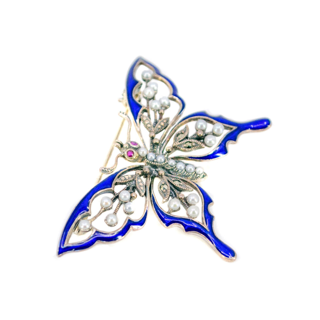 Enamel Pearl Ruby Silver Butterfly Brooch 16216-2504 Image2