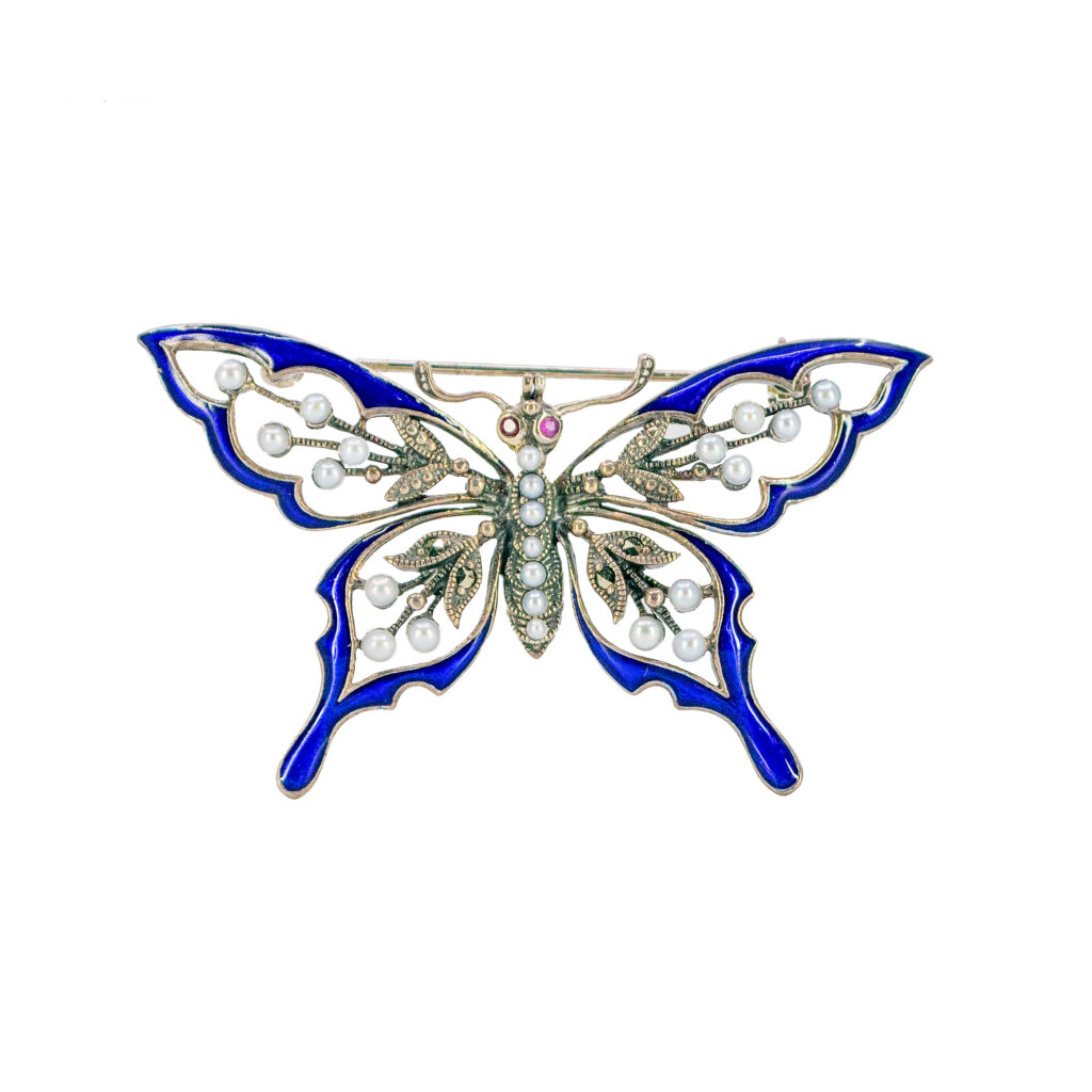 Enamel Pearl Ruby Silver Butterfly Brooch 16216-2504 Image1