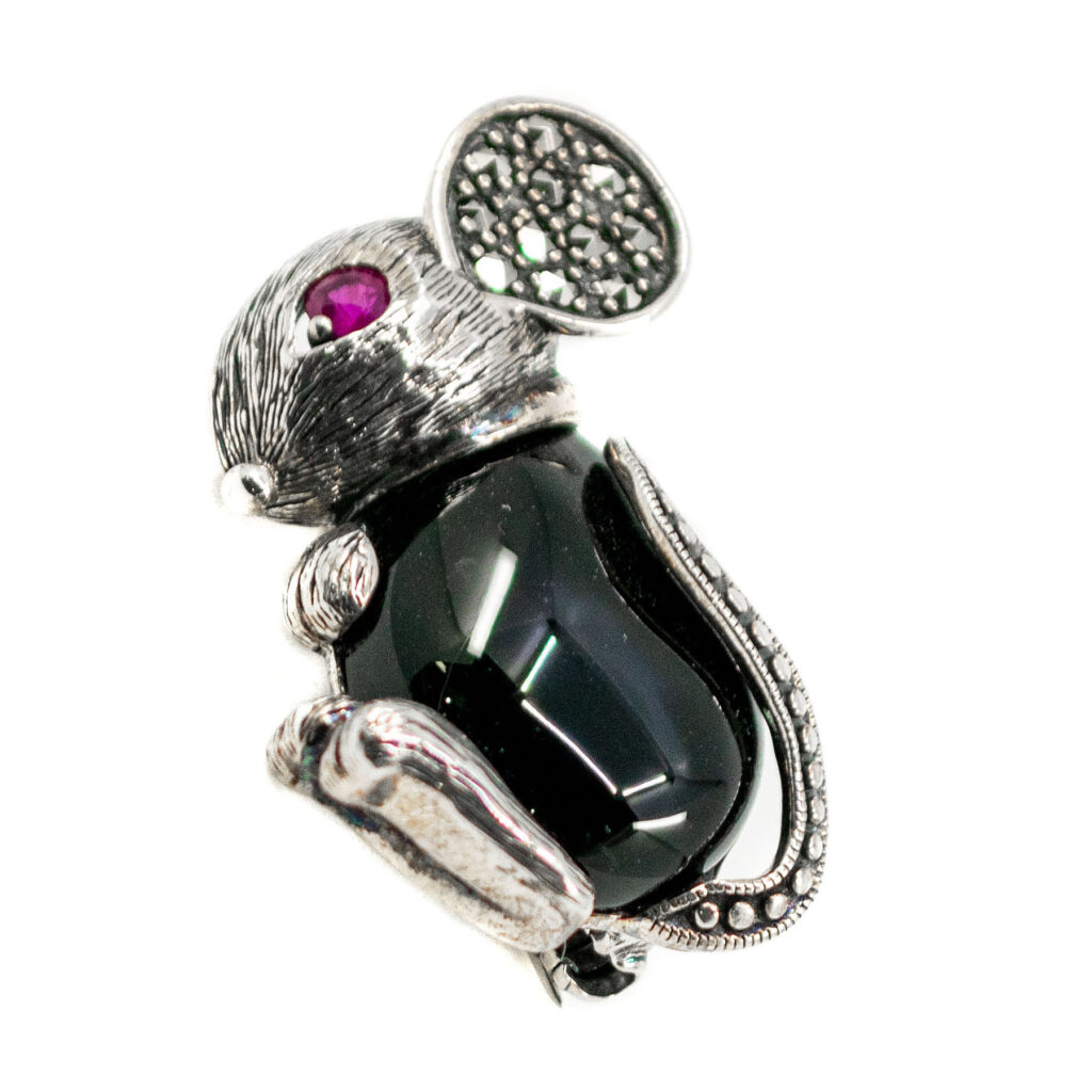 Marcasite (Pyrite) Onyx Ruby Silver "Mouse" Brooch 16227-2515 Image1