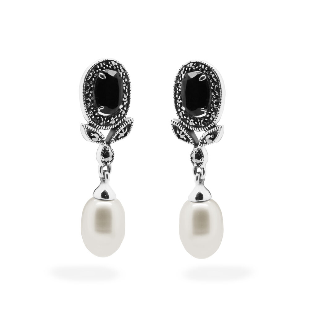 Marcasite (Pyrite) Onyx Pearl Silver Earrings 16442-2590 Image1