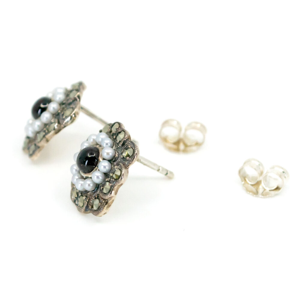 Garnet Marcasite (Pyrite) Pearl Silver Floral Cluster Stud Earrings 16833-2732 Image2