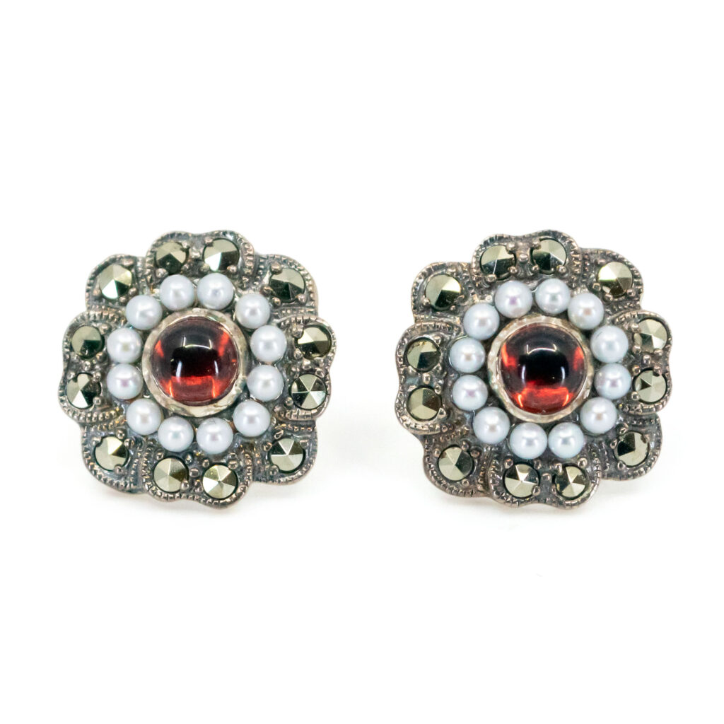 Garnet Marcasite (Pyrite) Pearl Silver Floral Cluster Stud Earrings 16833-2732 Image1