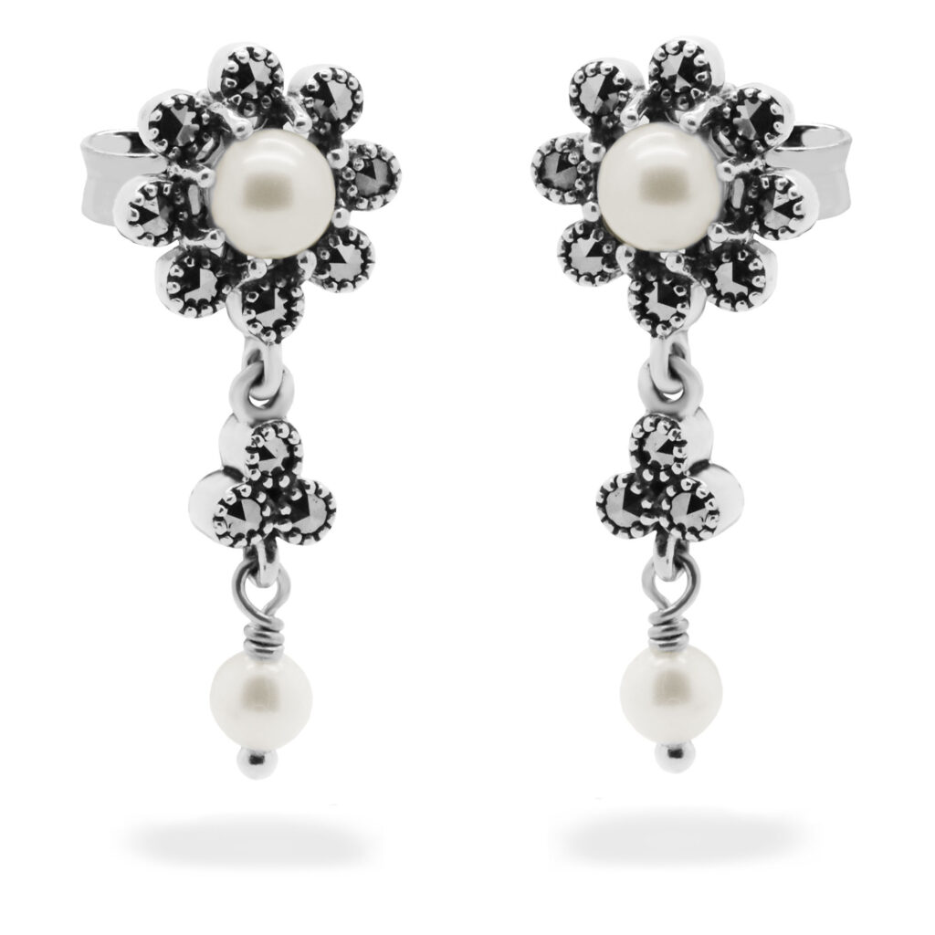 Marcasite (Pyrite) Pearl Silver Drop Earrings 14960-1946 Image1