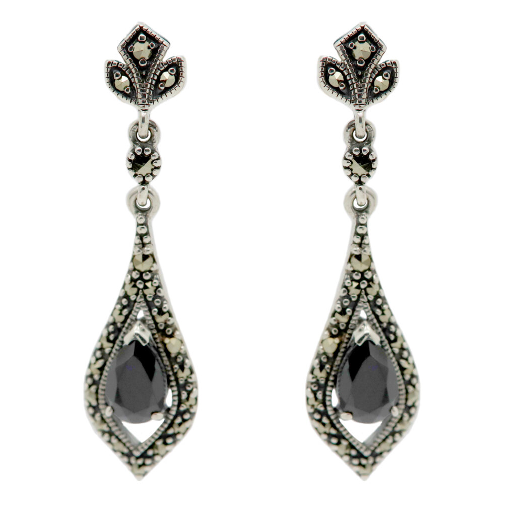 Marcasite (Pyrite) Onyx Silver Drop Earrings 15956-2368 Image1