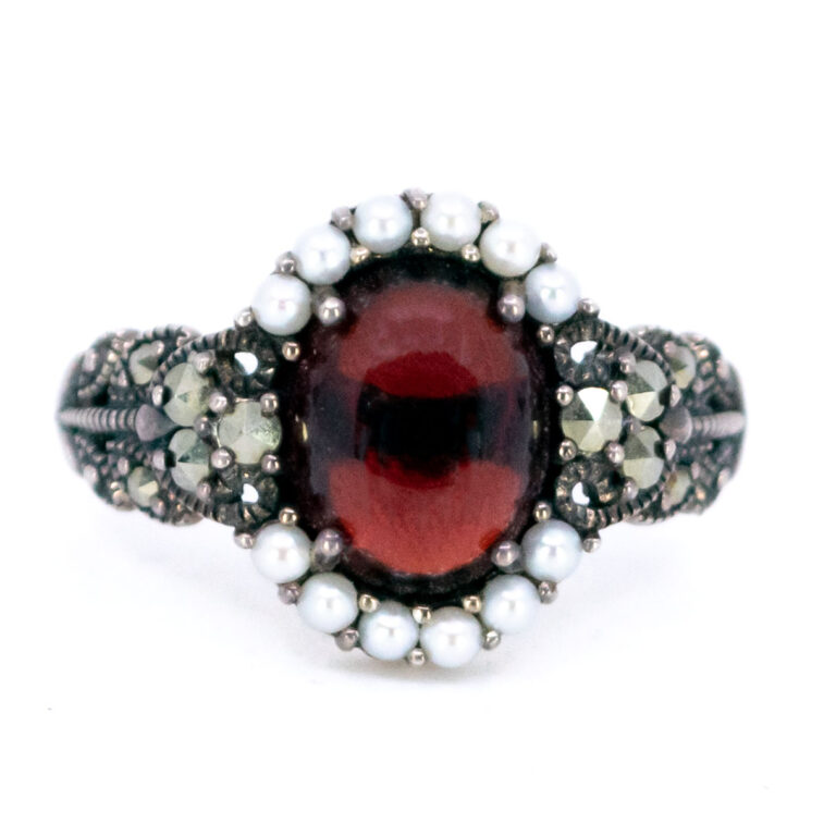 Garnet Marcasite (Pyrite) Pearl Silver Ring 16788-2686 Image1