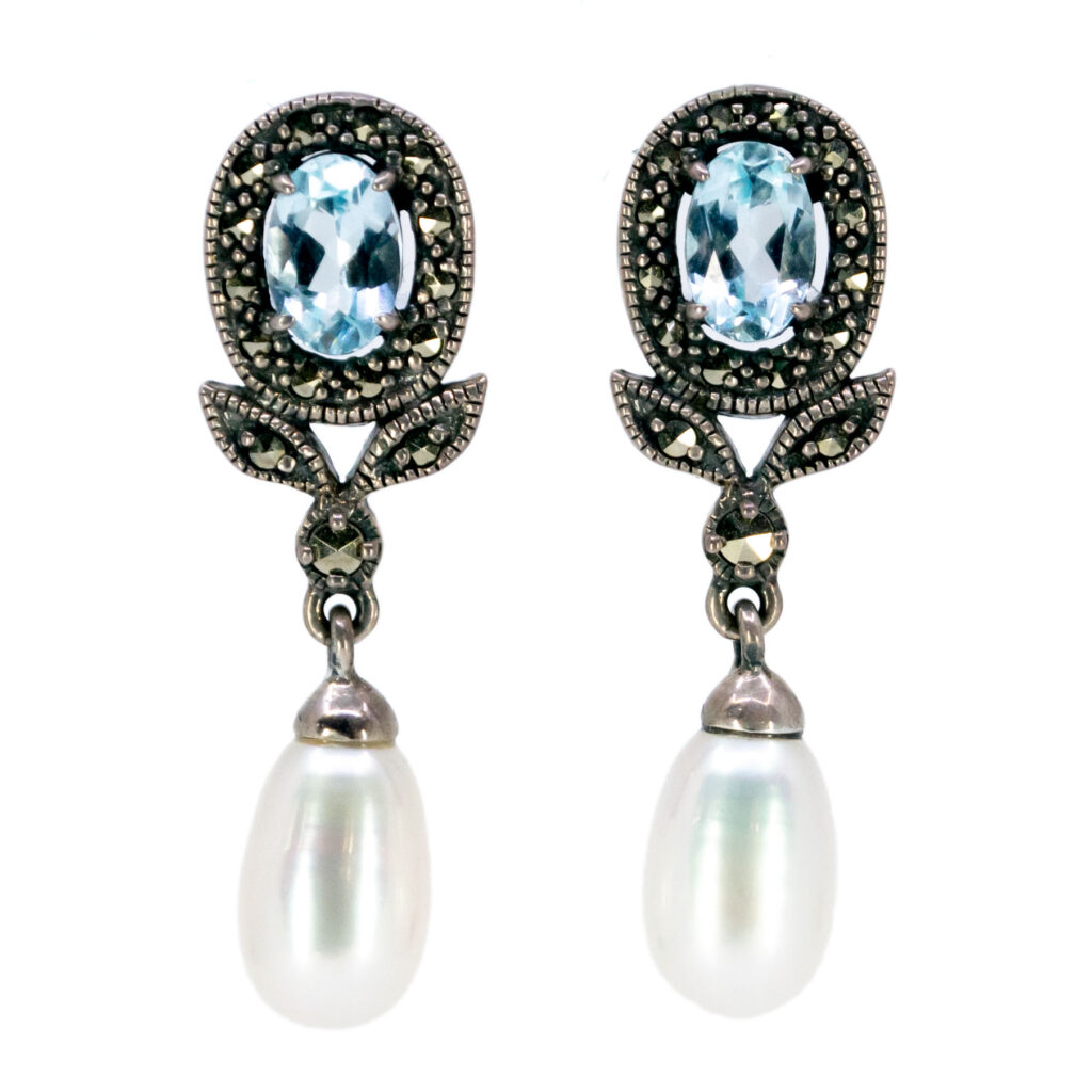 Marcasite (Pyrite) Pearl Topaz Silver Pendant Earrings 17156-2877 Image1