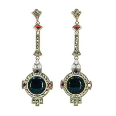 Garnet Marcasite (Pyrite) Onyx Pearl 925' Silver Drop Earrings 17574-3044 Image1