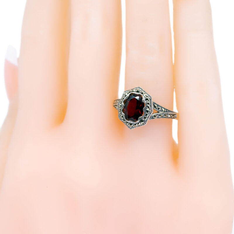 Garnet Marcasite (Pyrite) 925' Silver Octagon-Shape Ring 17607-3076 Image2