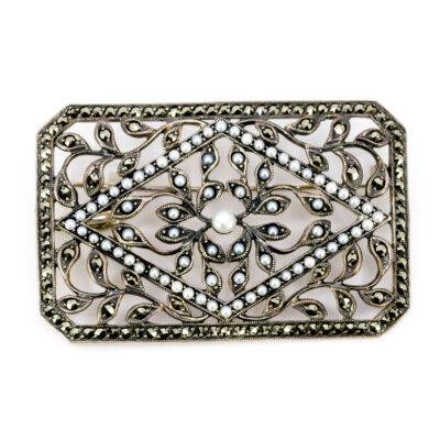 Marcasite (Pyrite) Pearl 925' Silver Pendant Brooch 17676-3138 Image1