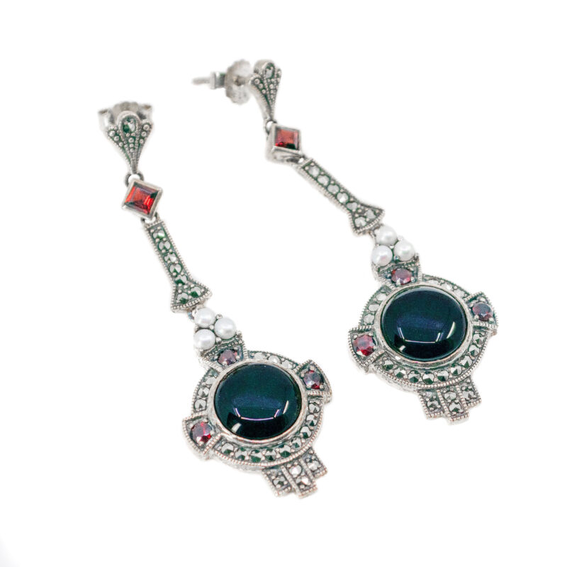 Garnet Marcasite (Pyrite) Onyx Pearl 925' Silver Drop Earrings 17574-3044 - Image 2