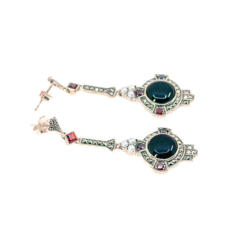 Garnet Marcasite (Pyrite) Onyx Pearl 925' Silver Drop Earrings 17574-3044 - Image 3