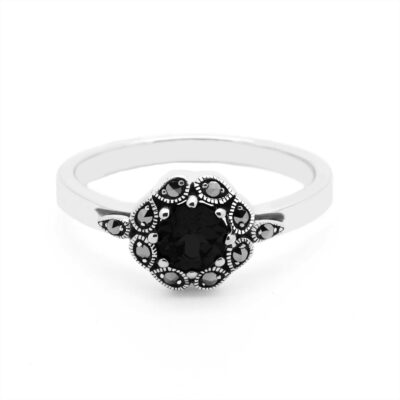 Onyx Marcasite (Pyrite) 925' Silver Cluster Ring 17084-2808 Image1