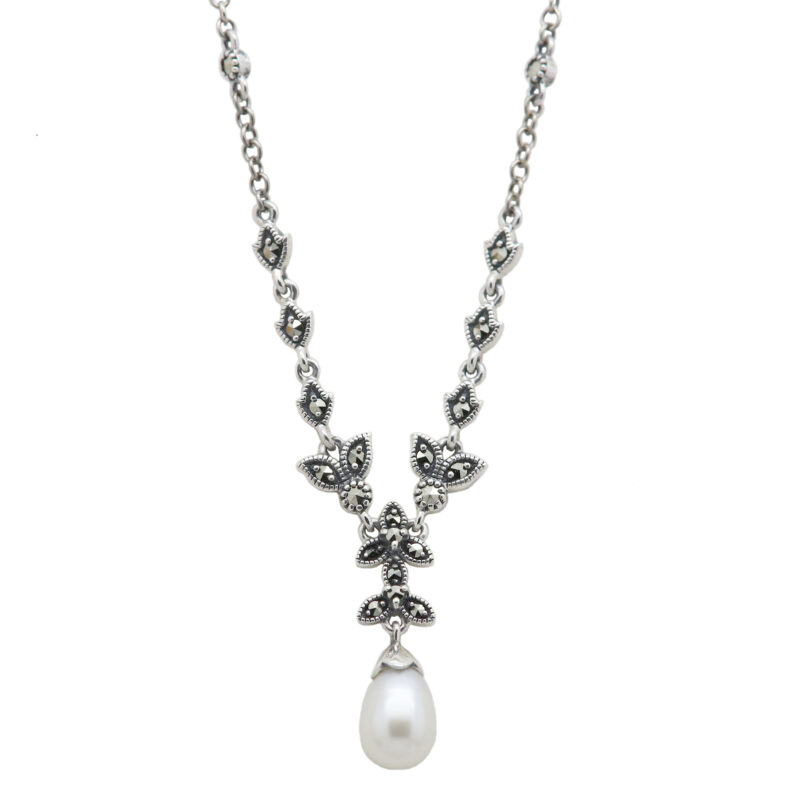 Marcasite (Pyrite) Pearl 925' Silver Lavalier Necklace 17894-3221 Image1