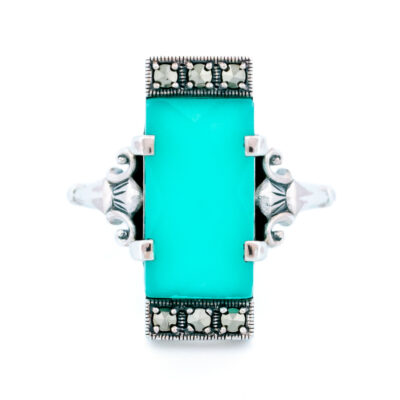 Agate Marcasite (Pyrite) 925' Silver Rectangle-Shape Ring 18194-3342 Image1