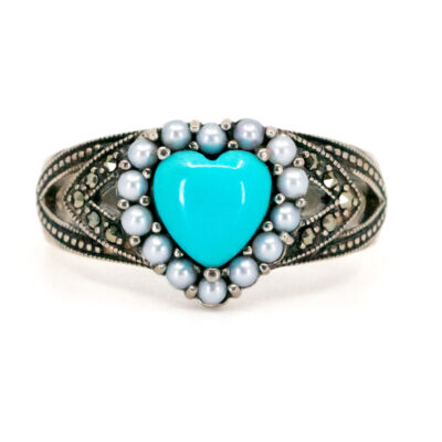 Marcasite (Pyrite) Pearl Turquoise 925' Silver Cluster Ring 18195-3343 Image1