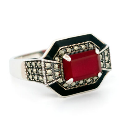 Carnelian Enamel Marcasite (Pyrite) 925' Silver Ring 18239-3382 Image2