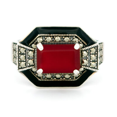 Carnelian Enamel Marcasite (Pyrite) 925' Silver Ring 18239-3382 Image1