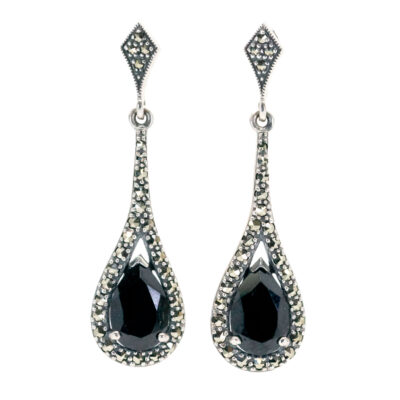 Marcasite (Pyrite) Onyx 925' Silver Drop Earrings 18405-3468 Image1