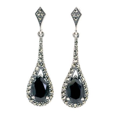 Marcasite (Pyrite) Onyx 925' Silver Drop Earrings 18756-3548 Image1