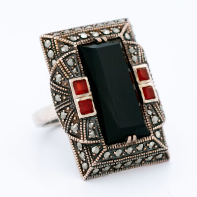 Carnelian Marcasite (Pyrite) Onyx Silver Rectangle-Shape Ring 16048-2388 Image2