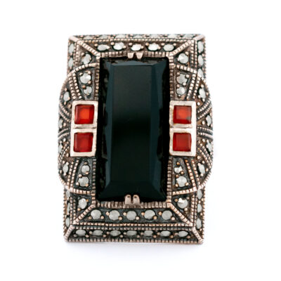Carnelian Marcasite (Pyrite) Onyx Silver Rectangle-Shape Ring 16048-2388 Image1