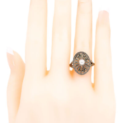 Marcasite (Pyrite) Pearl 925' Silver Oval-Shape Ring 18935-3645 Image2