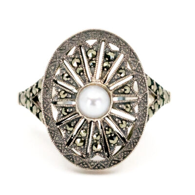 Marcasite (Pyrite) Pearl 925' Silver Oval-Shape Ring 18935-3645 Image1