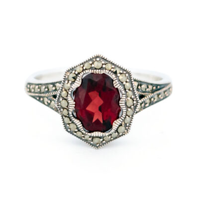 Garnet Marcasite (Pyrite) 925' Silver Octagon-Shape Ring 18937-3647 Image1