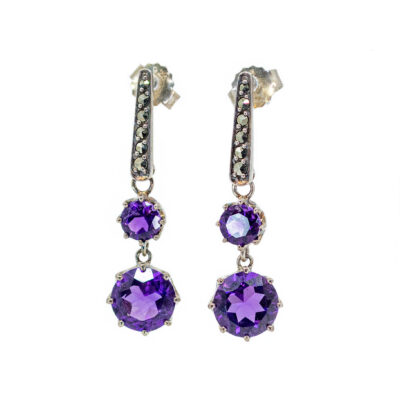 Amethyst Marcasite (Pyrite) 925' Silver Drop Earrings 18953-3662 Image1