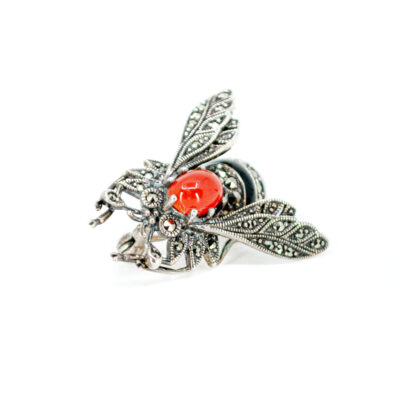 Carnelian Enamel Marcasite (Pyrite) 925' Silver Insect Brooch 19046-3743 Image2
